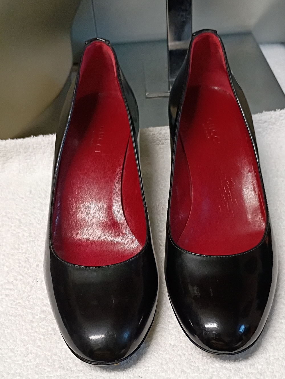 Gucci Black Patent Leather Wedge with Red Leather Insole